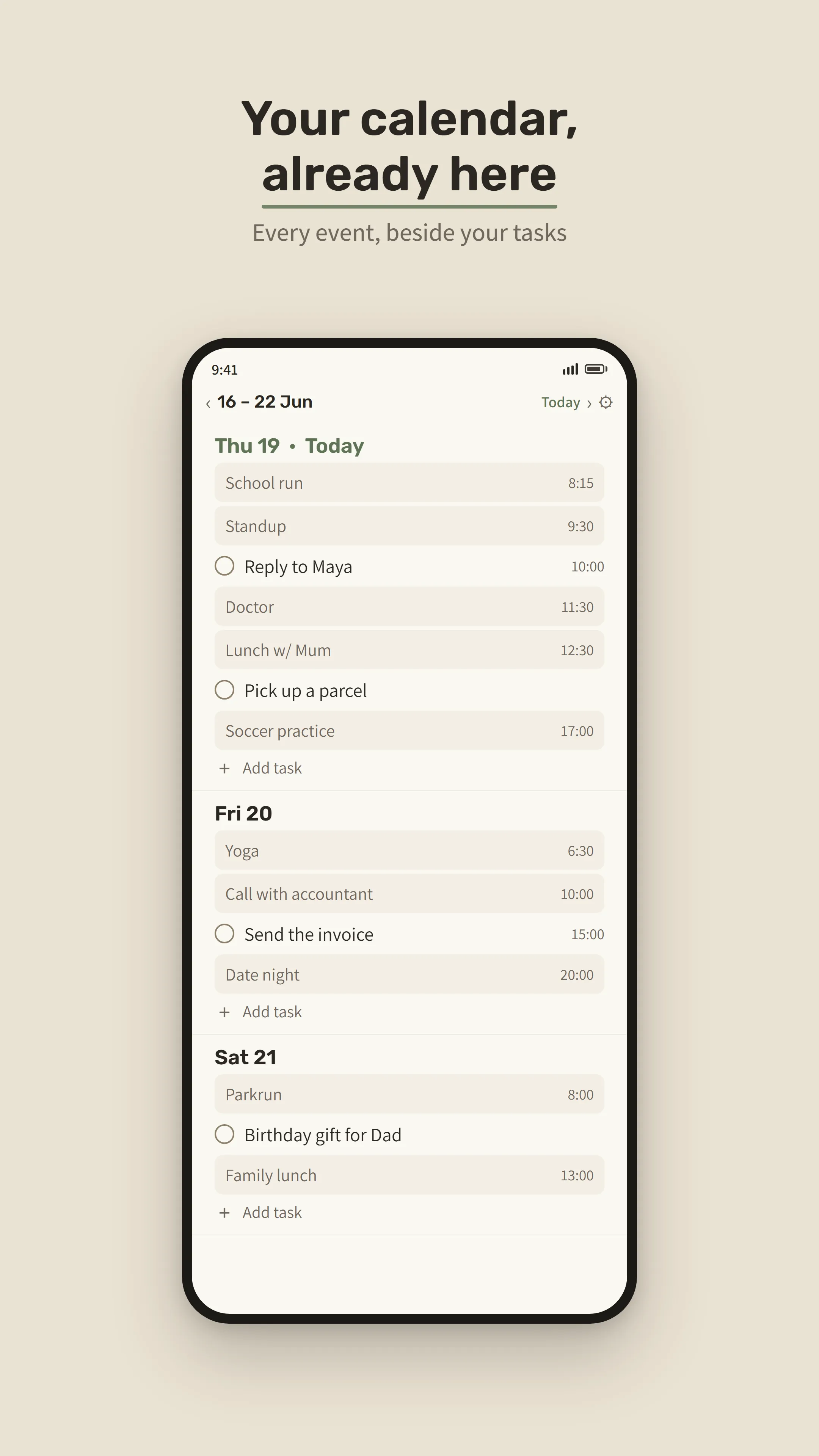 Tend's week view: Google Calendar events like School run and Doctor sit between tasks like Reply to Maya and Pick up a parcel.