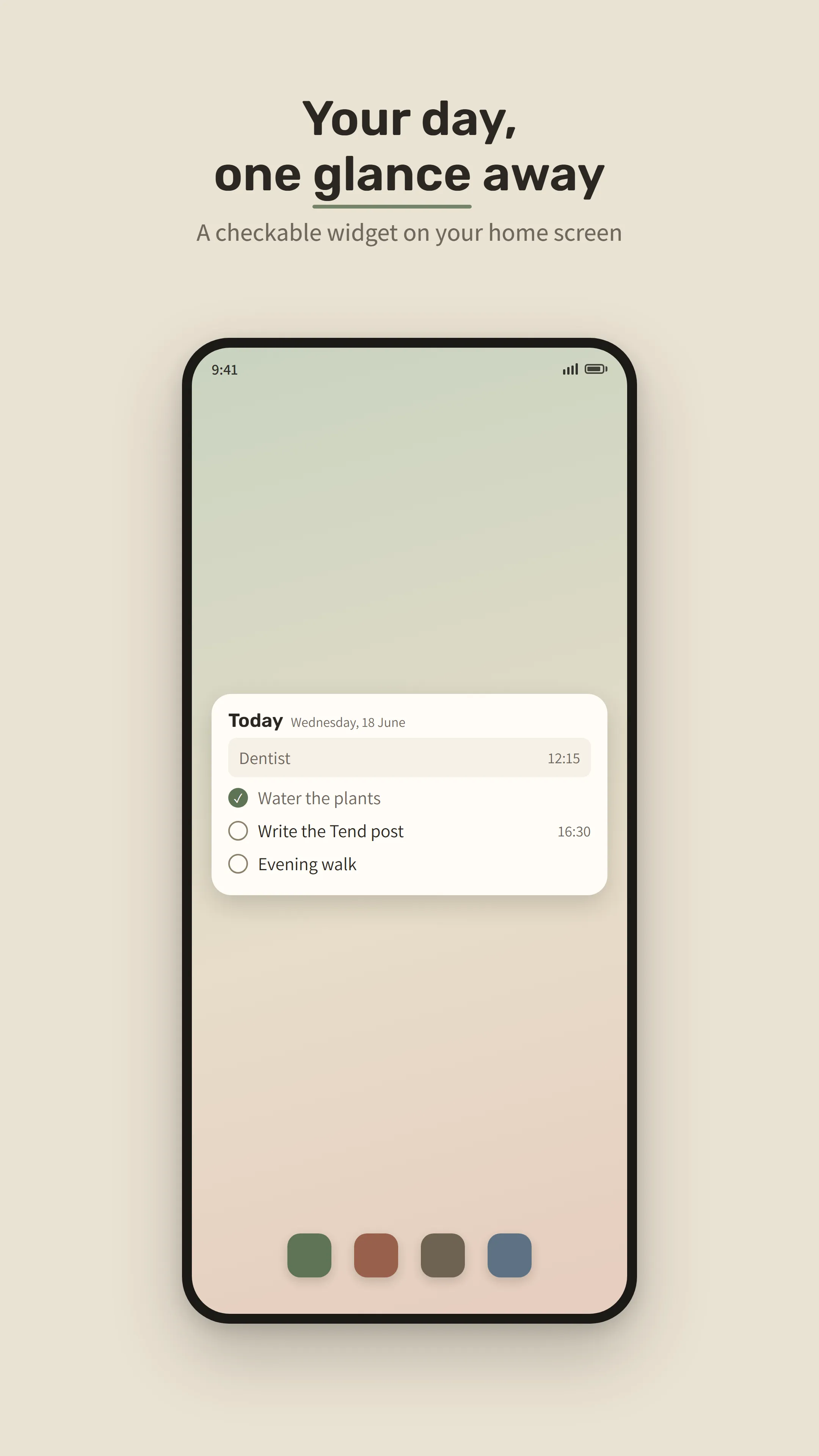 Tend's home-screen widget showing today: a Dentist event and three tasks, one checked off.